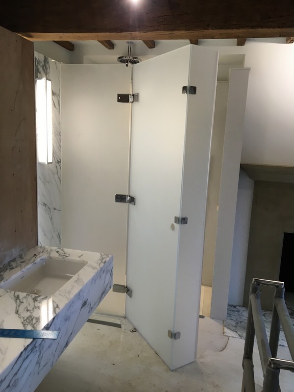 Bespoke frosted glass shower enclosure in Plaistow luxury bathroom
